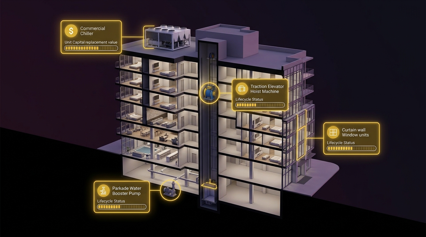 3D architectural cutaway of condominium building showing chillers, elevators, and pumps tagged with unit capital replacement costs and lifecycle status bars