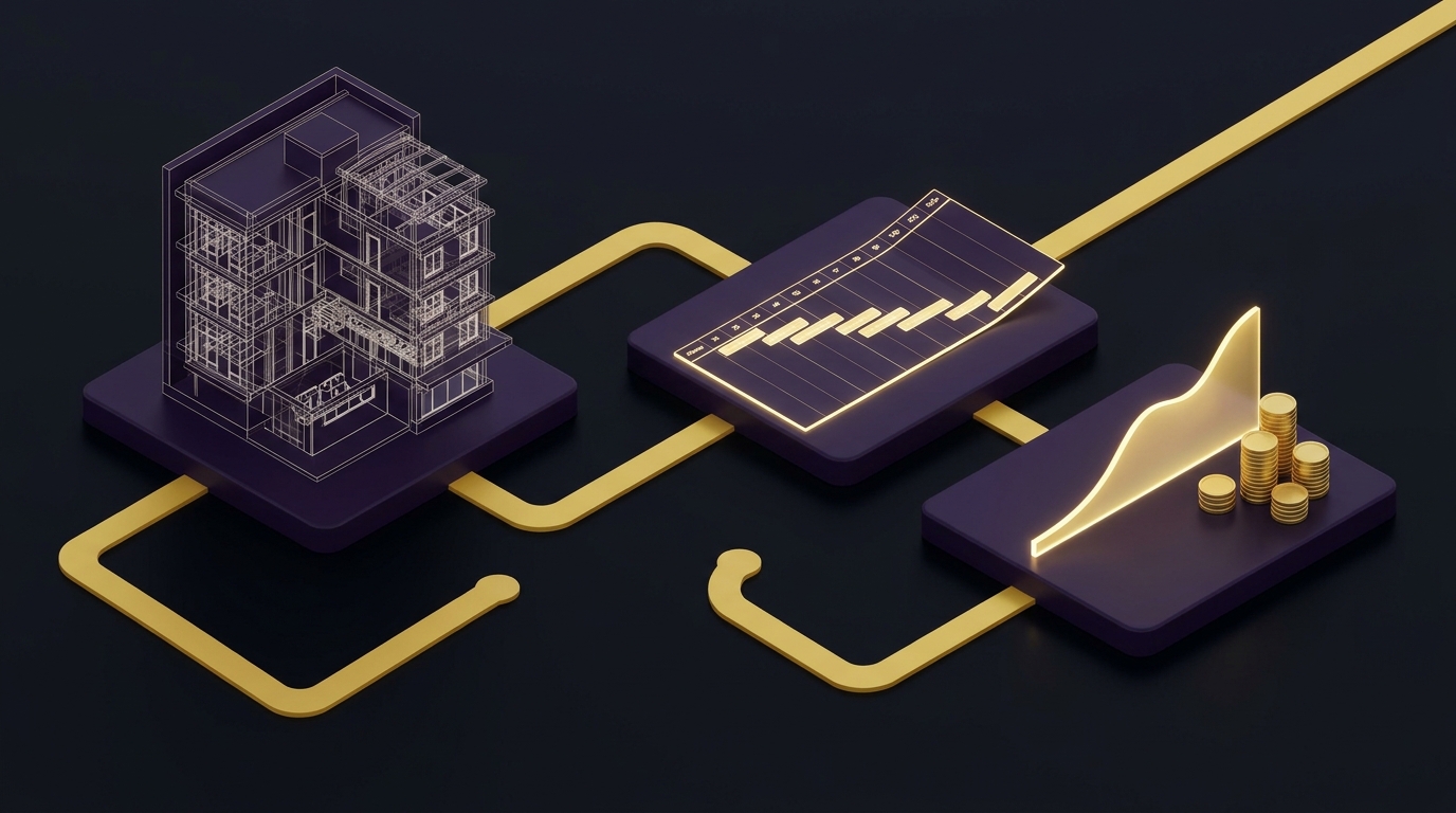 3D isometric conceptual infographic of BIM dimensions showing 3D geometry wireframe, 4D timeline scheduling, and 5D cost forecasting curves