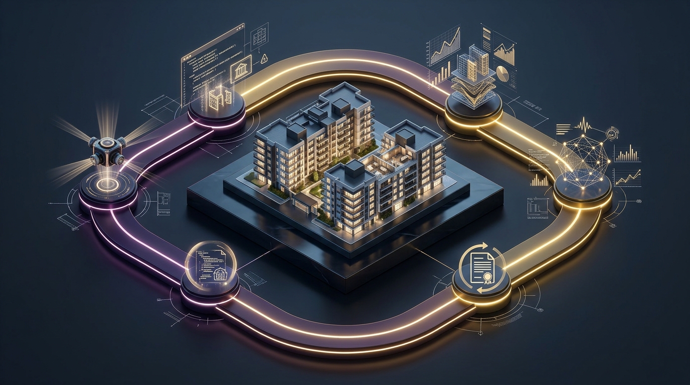 3D isometric visualization of continuous asset management lifecycle loop encircling a residential condominium complex