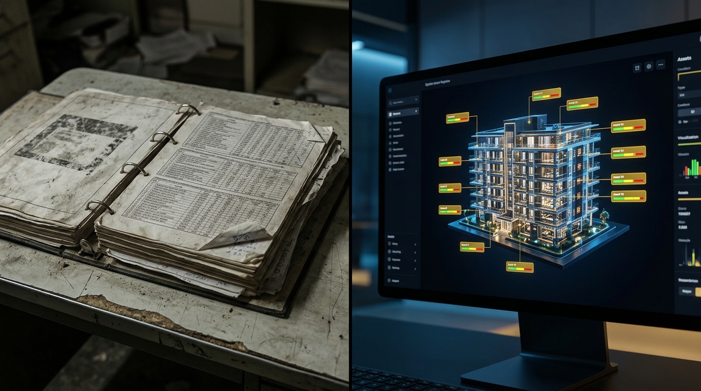 Visual comparison showing an obsolete paper depreciation binder beside a modern 3D spatial asset register web interface