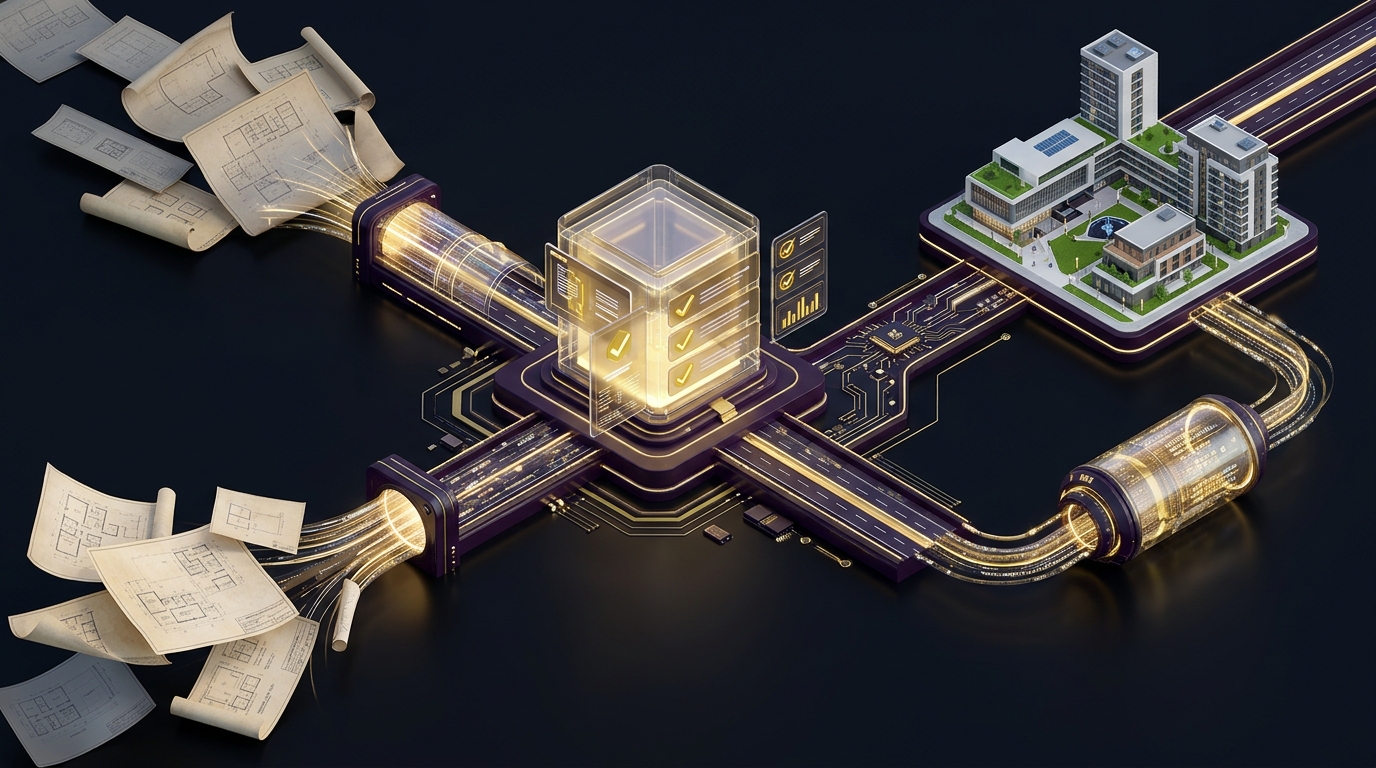 3D isometric modernization roadmap showing paper blueprints digitizing into openBIM e-permitting portal and outputting living digital twins