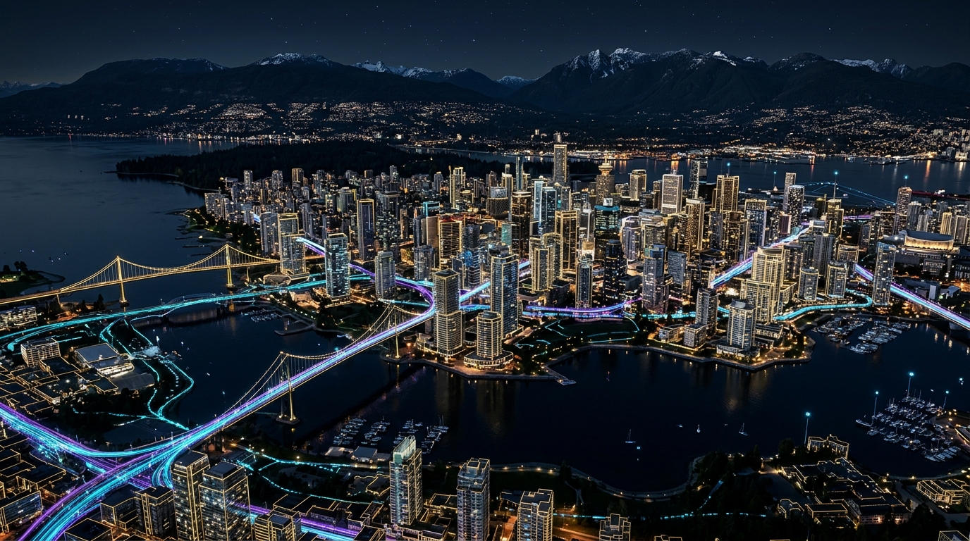 3D digital twin architectural visualization of Vancouver skyline and coastal mountains at night with illuminated infrastructure data streams
