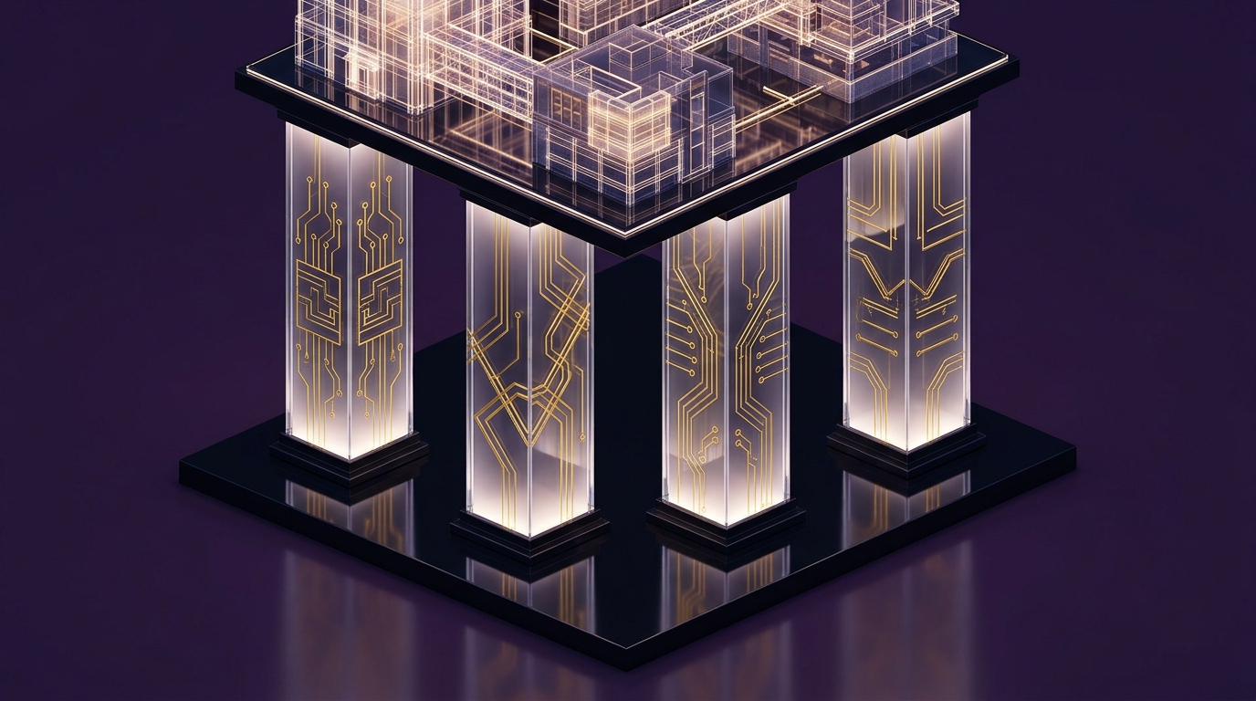 3D isometric visual of four glowing architectural glass monolith pillars with gold circuitry supporting an illuminated digital twin building