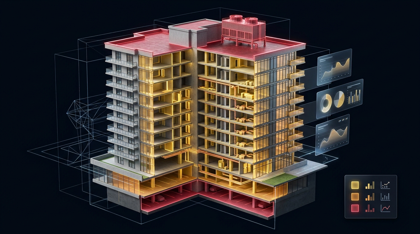 3D architectural BIM cutaway of modern residential condominium tower showing building envelope, HVAC, and roof assemblies color-coded by remaining statutory lifecycle