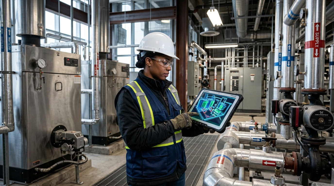 Professional building science engineer in safety gear holding a rugged tablet displaying a 3D BIM cutaway of commercial boilers and mechanical piping on-site
