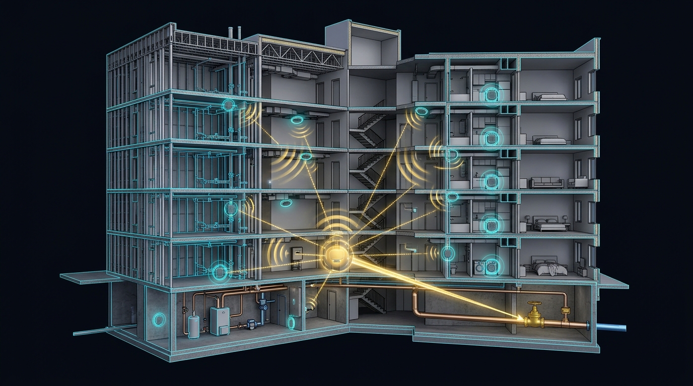 3D architectural cutaway of condominium building showing wireless moisture sensors in pipe chases transmitting to a central gateway and motorized riser shut-off valve