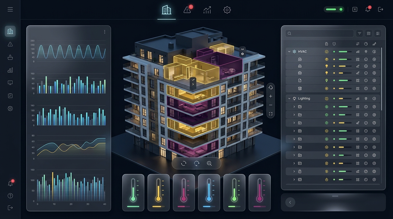 3D digital twin web console showing an interactive 3D condominium model surrounded by live telemetry graphs, temperature sensors, and asset parameter sidebars