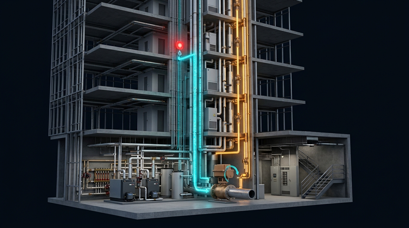 3D architectural cutaway of high-rise pipe chase showing detected water leak triggering an automated motorized shut-off valve on the main riser