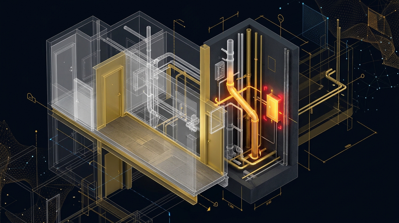 3D architectural cutaway comparing ghosted historical drawings against glowing 3D LiDAR scans, highlighting undocumented plumbing and electrical alterations