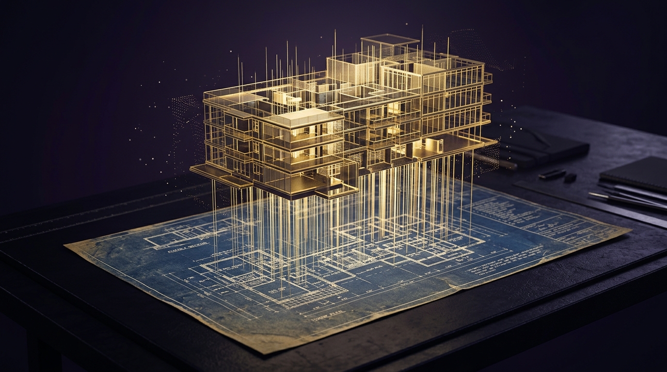 3D architectural visualization showing a 1980s paper blueprint with golden parametric vector rays rising vertically to construct a living 3D BIM condominium model