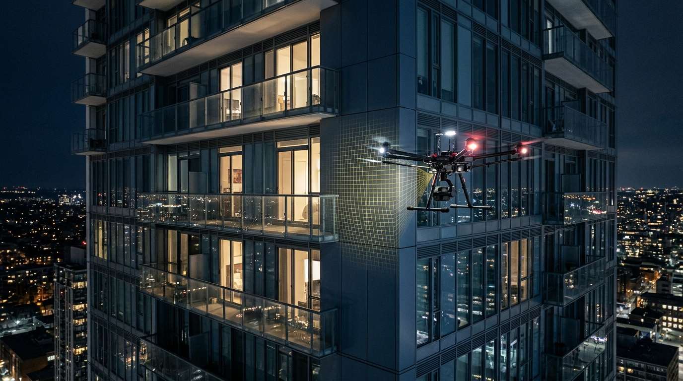 Industrial enterprise survey drone hovering beside high-rise residential balconies at twilight projecting a luminous gold photogrammetric grid