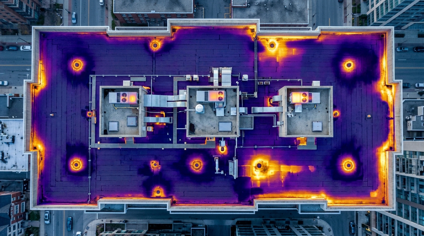Top-down aerial thermographic inspection of a high-rise condominium flat roof showing false-color infrared heatmap detecting trapped moisture near parapets
