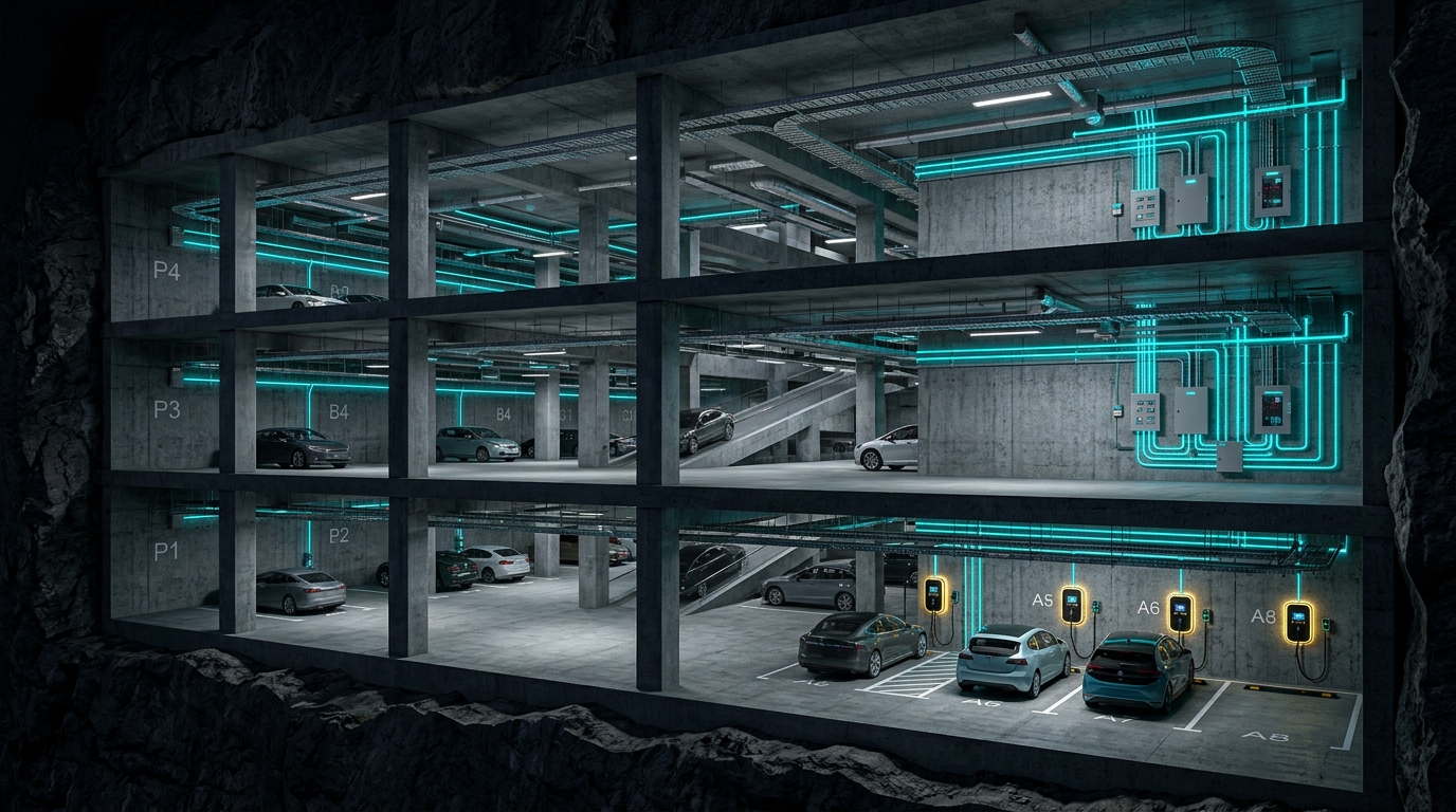 3D BIM cutaway of underground concrete parkade showing cable trays, conduit risers, distribution panels, and Level 2 EV charging stalls