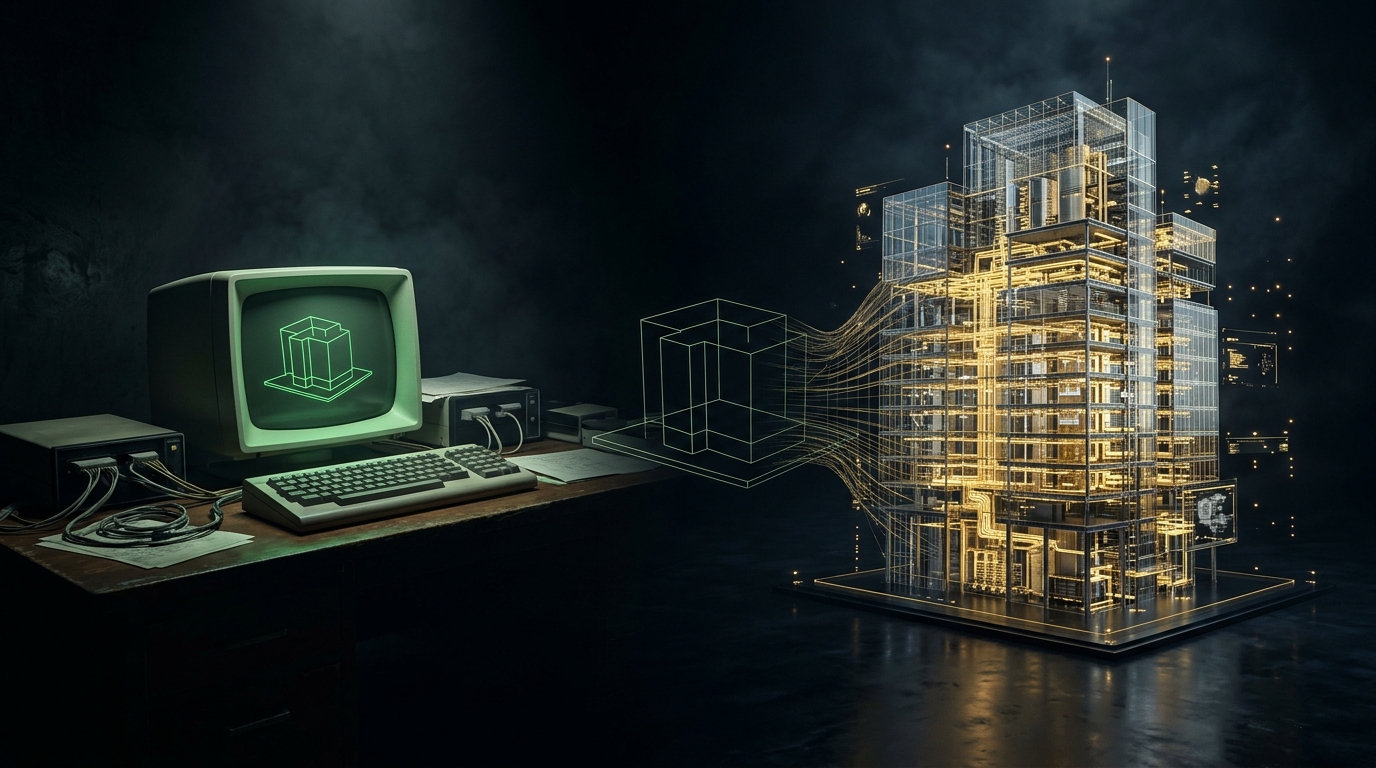 Visual continuum showing vintage 1974 CRT monitor with vector wireframe building blocks dissolving into a modern hyper-detailed 3D parametric BIM high-rise