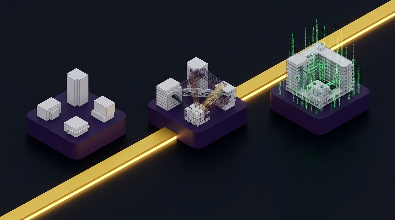 3D isometric architectural infographic showing the three eras of BIM: isolated geometry, multi-disciplinary clash coordination, and living telemetry digital twin