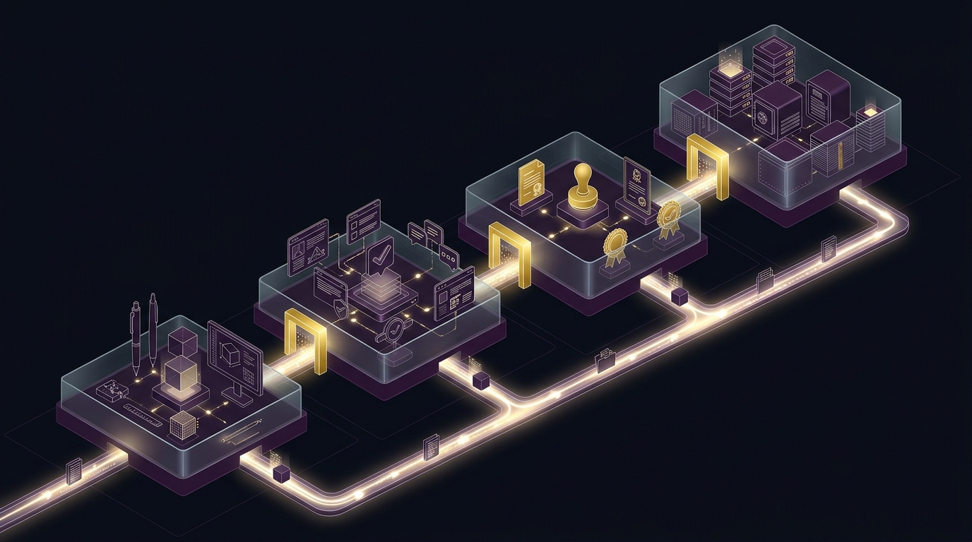 3D isometric diagram of an ISO 19650 Common Data Environment showing WIP, Shared, Published, and Archive workflow states connected by glowing data conduits