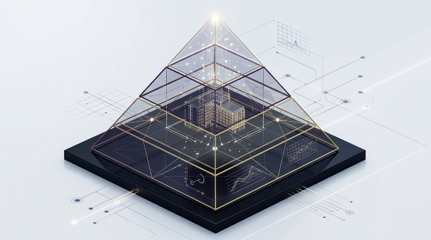 3D isometric conceptual diagram of the ISO 19650 information governance glass pyramid with an Asset Information Model building inside
