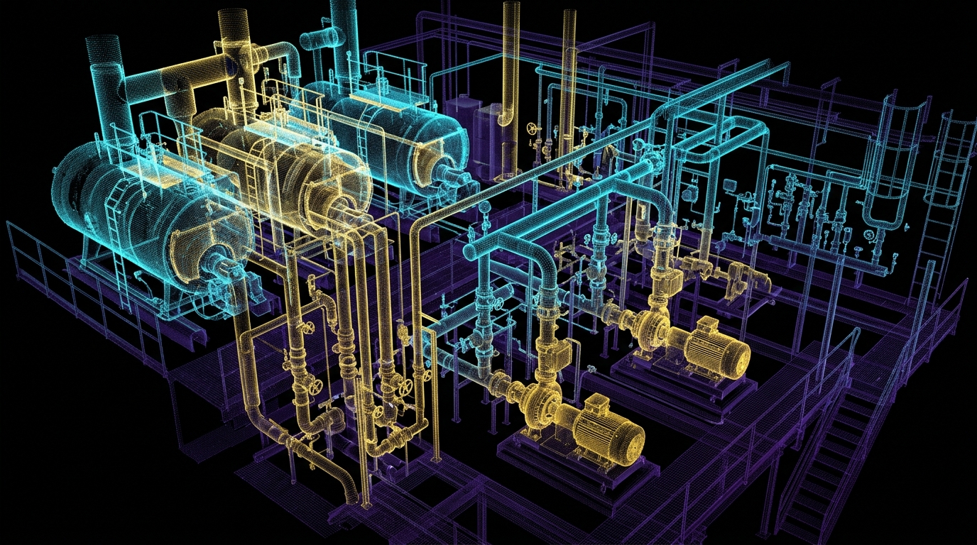 Hyper-dense 3D laser scan point cloud rendering of a complex commercial boiler room with pipes and valves colored by laser intensity gradients