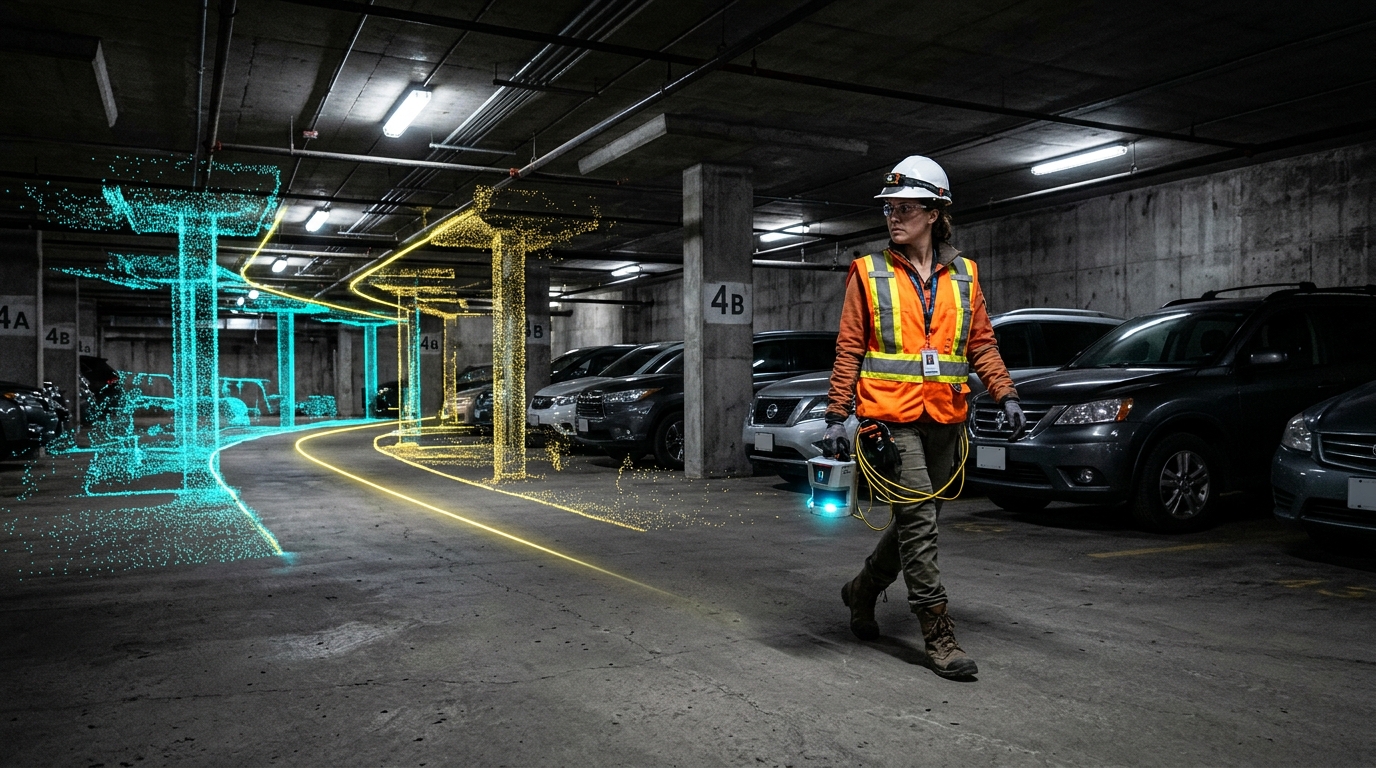 Reality capture technician in safety gear conducting a mobile SLAM LiDAR survey in an underground concrete residential parkade with real-time point cloud visualization