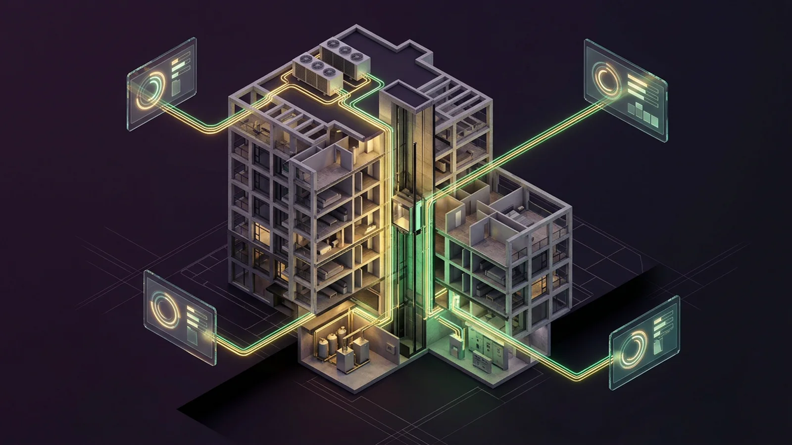 3D isometric cutaway of a strata condominium connecting rooftop HVAC, traction elevator, condensing boiler plant, and switchgear to four floating diagnostic health scorecards