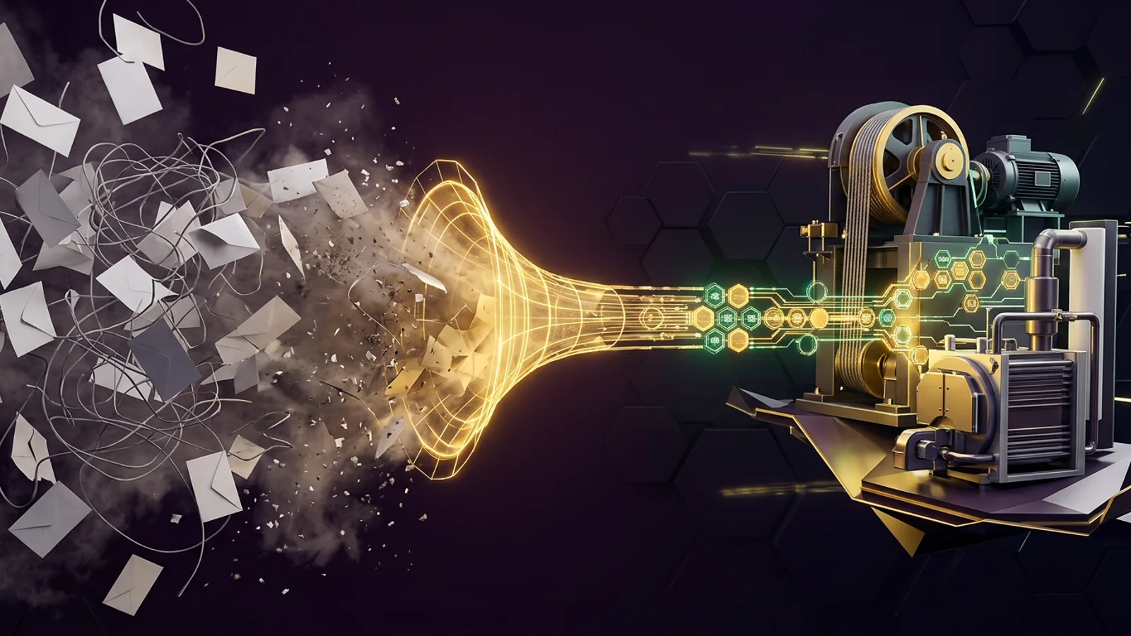 Conceptual 3D engineering diagram showing scattered email envelopes dissolving on the left and transforming through a golden spatial funnel into structured timeline nodes attached to a 3D BIM elevator and boiler assembly