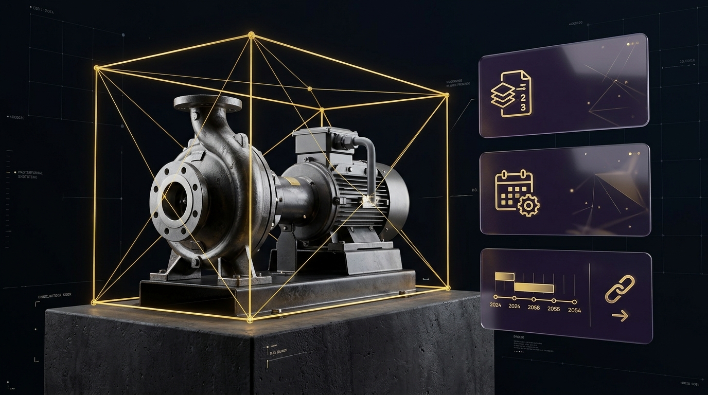 3D close-up of an industrial pump enclosed in a golden bounding box with glassmorphic cards showing classification, lifecycle bar, and maintenance logs