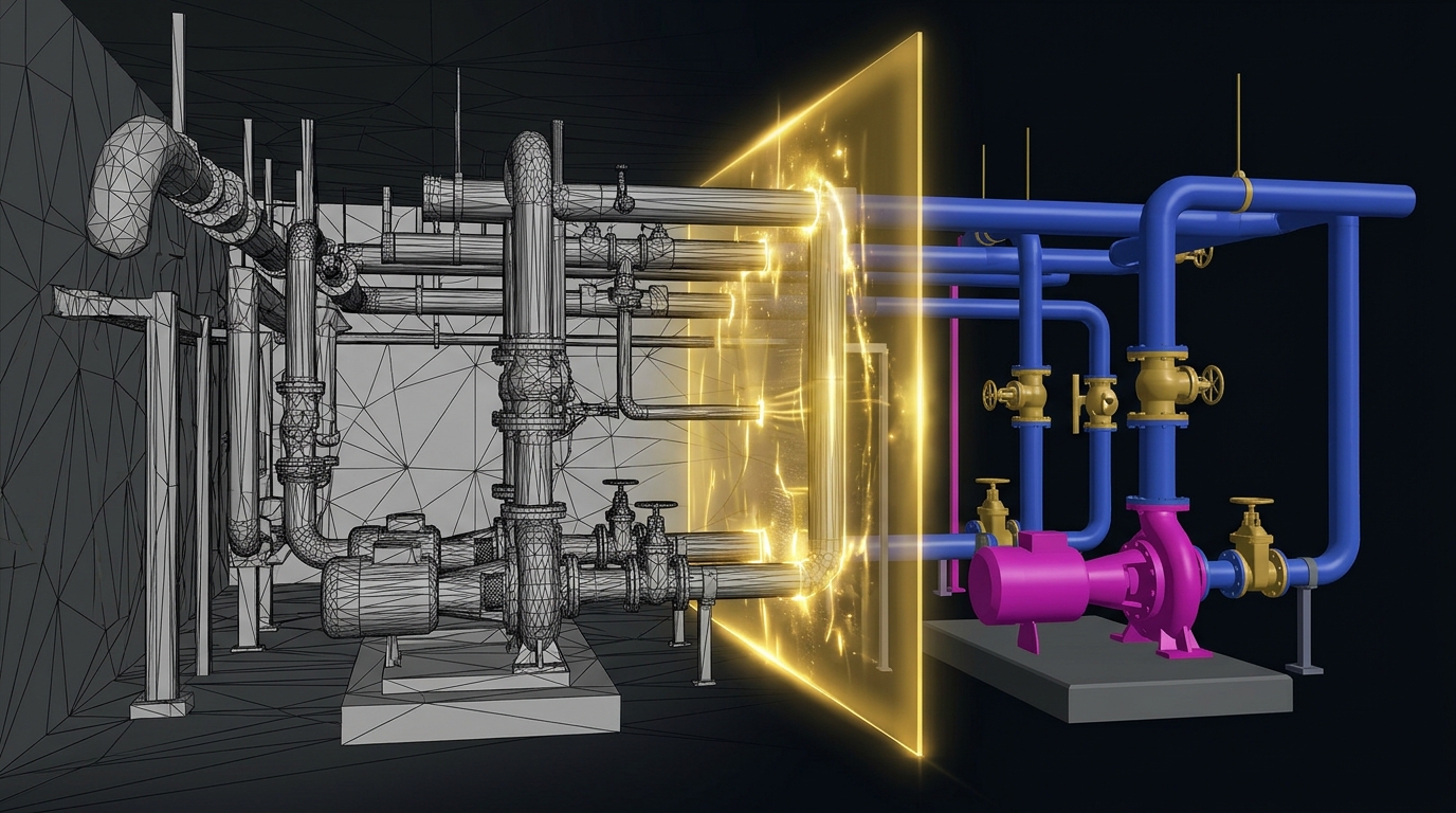 3D computational visualization showing raw polygon wireframe mesh passing through a glowing golden scanning plane and emerging as segmented color-coded parametric BIM objects