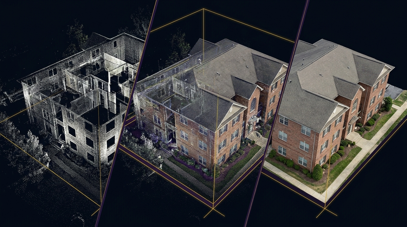 3D split-screen visualization of reality capture showing laser scan point cloud, wireframe mesh, and textured photogrammetry fused together