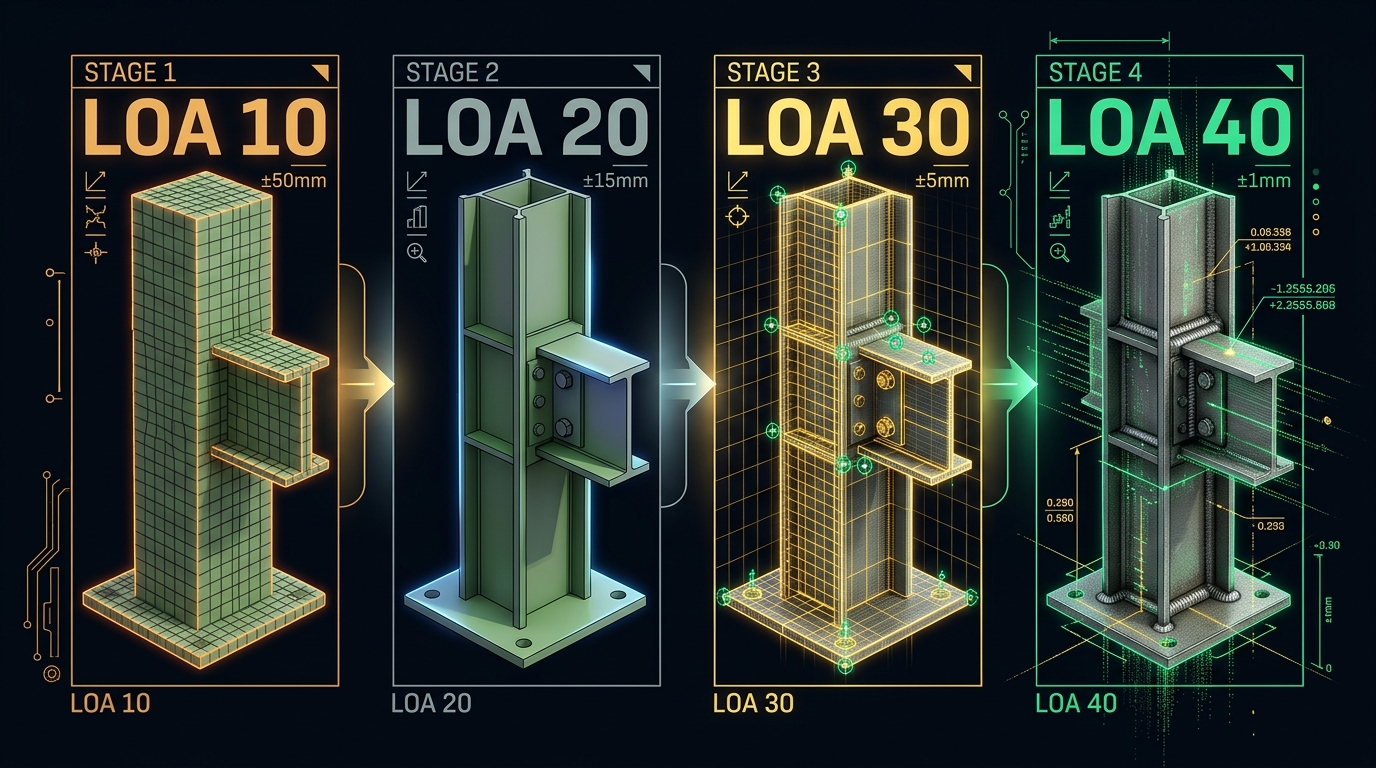 3D technical diagram visualizing the USIBD Level of Accuracy specification across LOA 10, LOA 20, LOA 30, and LOA 40 on a structural steel column