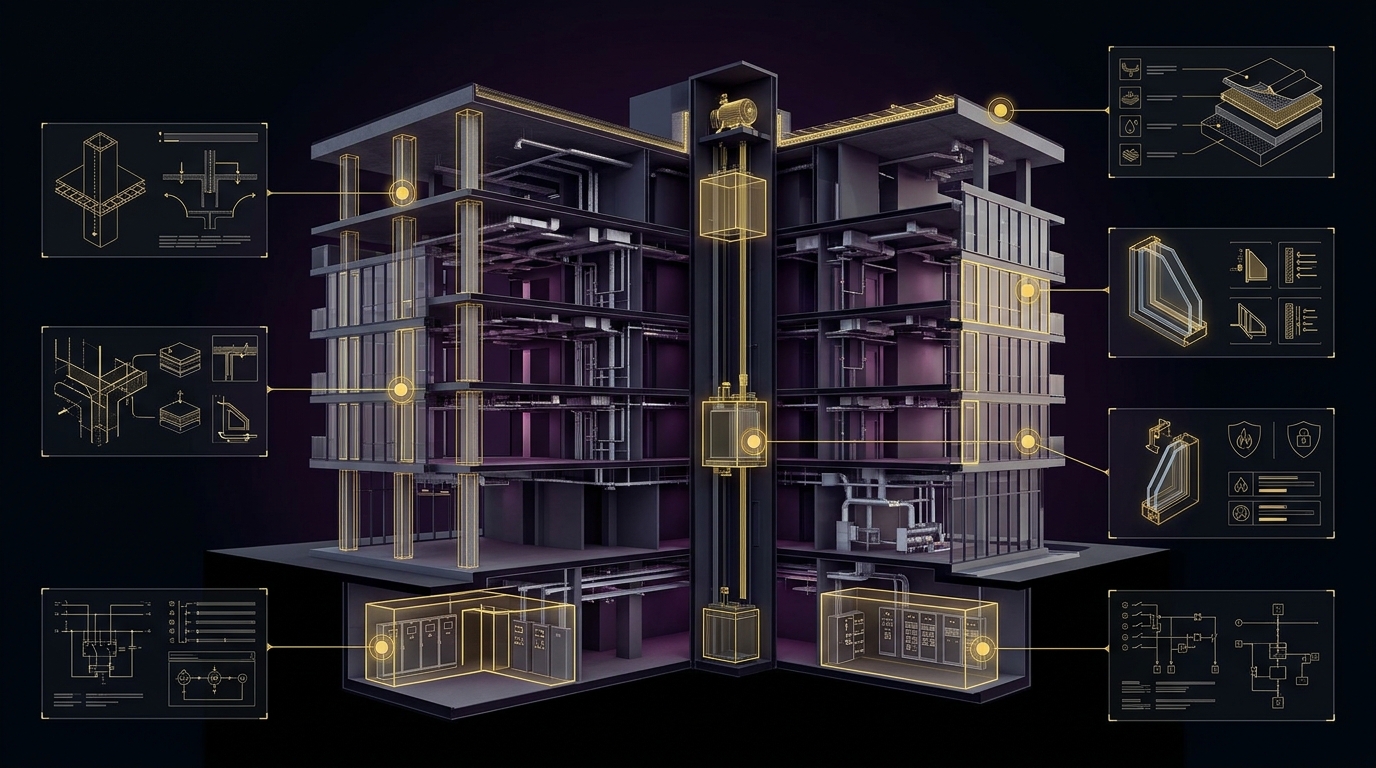 3D architectural cutaway diagram of condominium building illustrating statutory component inventory classifications for envelope, electrical, and mechanical assets
