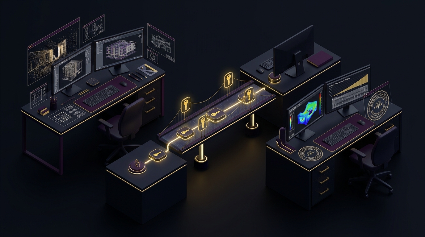 3D isometric workflow diagram representing architectural technologist spatial modeling handed over via secure data bridge to licensed professional engineering desk