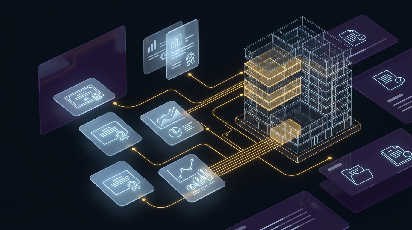 3D data visualization of digital strata records interface connecting glassmorphic document certificates to an isometric building wireframe