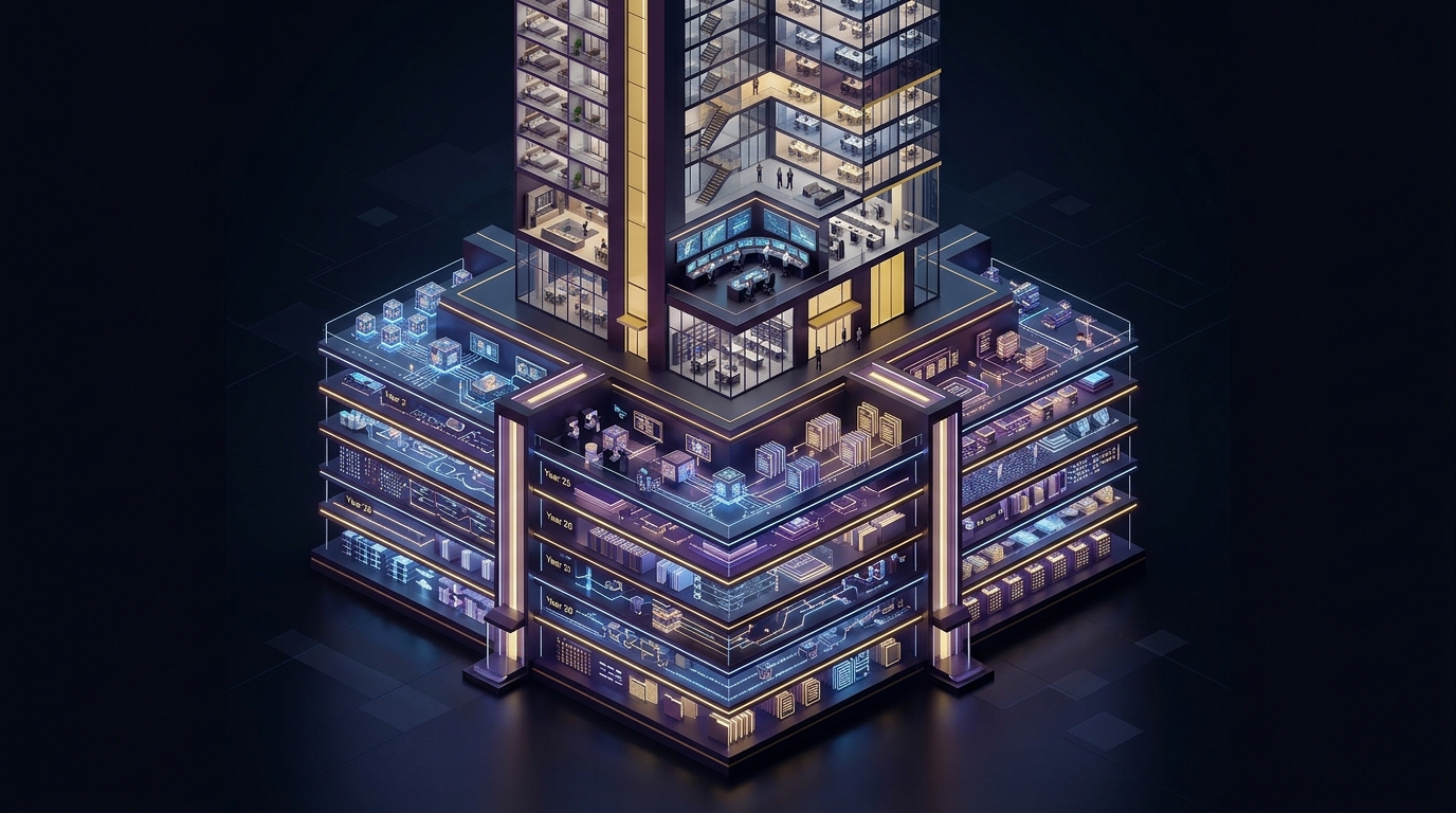 3D isometric visual of high-rise building on illuminated chronological multi-tier digital archive pedestal representing 30 years of continuous governance data