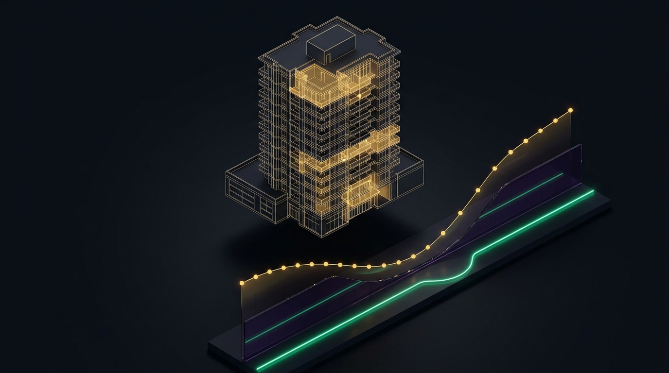 3D architectural visualization of residential high-rise wireframe floating above a financial projection curve comparing contingency reserve fund health to renewal cycles