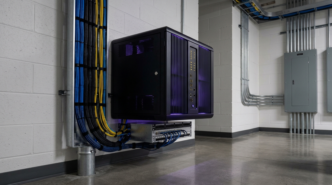 Wall-mounted STRATA Vault hardware edge server appliance installed inside a pristine strata telecom and electrical room with clean cable management