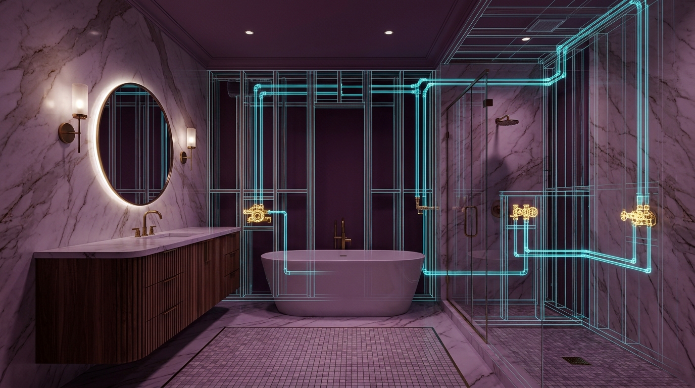 3D digital twin spatial cutaway of residential bathroom wall showing concealed copper and PEX plumbing lines and isolation valve coordinates behind marble tiles