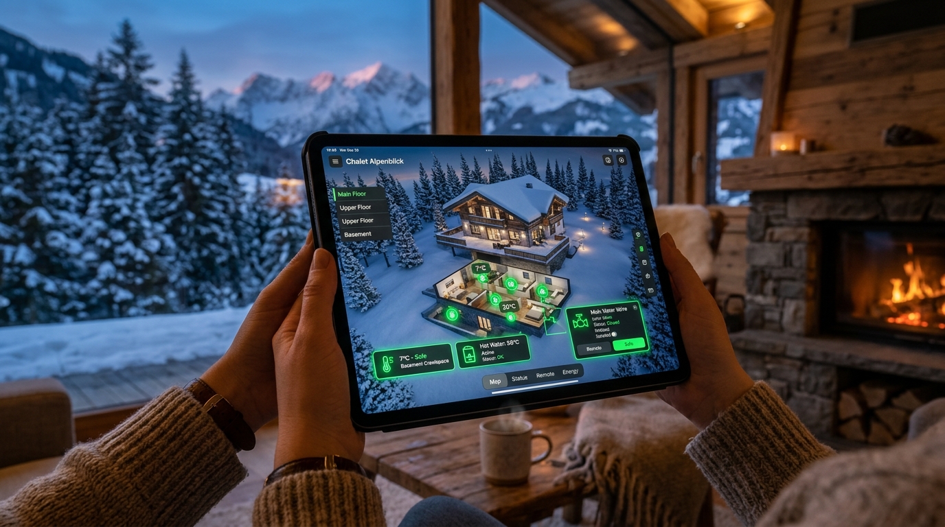Tablet interface displaying a modern residential digital twin with live IoT mechanical telemetry, pressure sensors, and automatic shut-off valve status