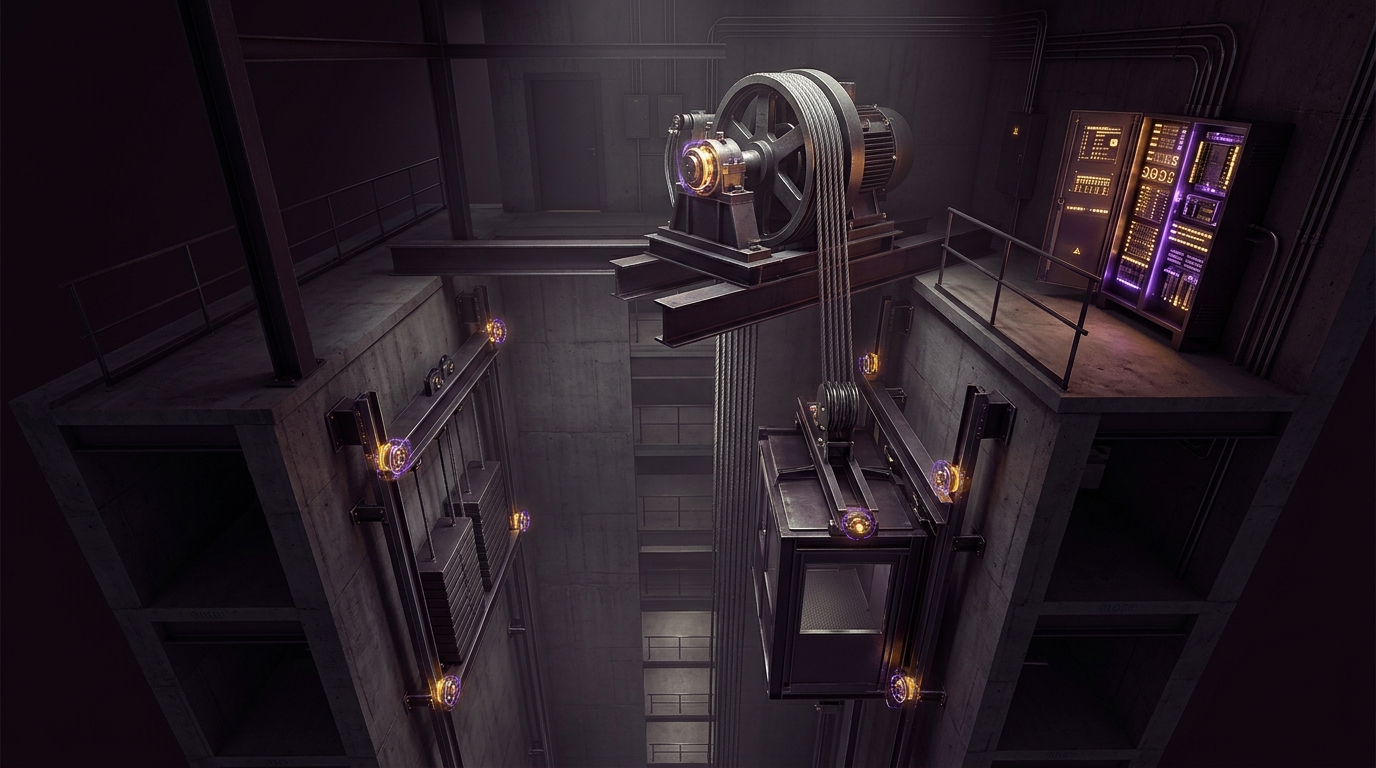 3D architectural cutaway of residential high-rise elevator hoistway, traction hoist machine, and solid-state controller