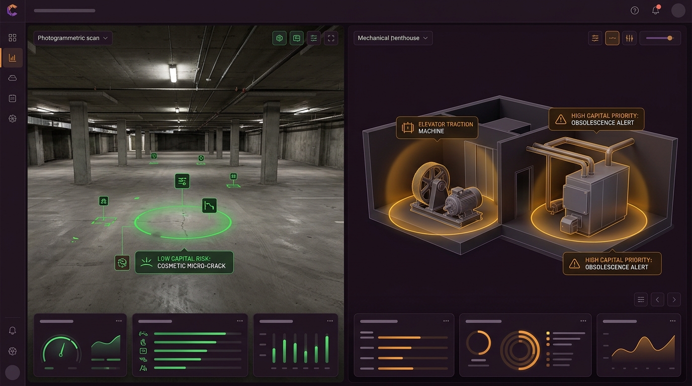 TTC Strata Executive Dashboard comparing cosmetic parkade slab photogrammetric scan with high-priority mechanical elevator obsolescence alert