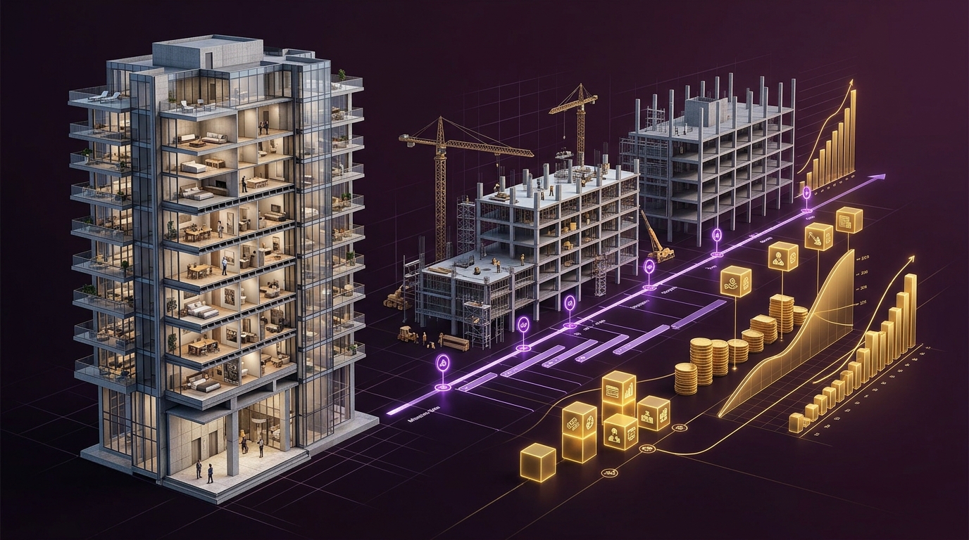 Multi-dimensional 5D BIM model linking 3D spatial geometry, 4D schedule timeline, and 5D capital costs