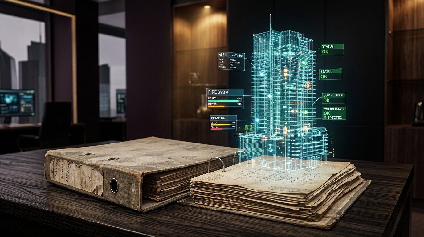 Holographic 3D spatial asset twin rising from an obsolete paper engineering binder