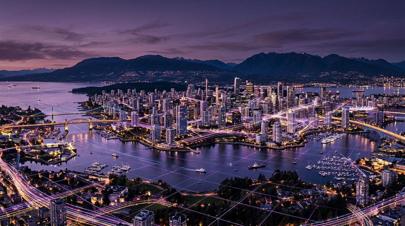 Vancouver skyline at dusk overlaid with glowing 3D openBIM municipal infrastructure coordinate grid