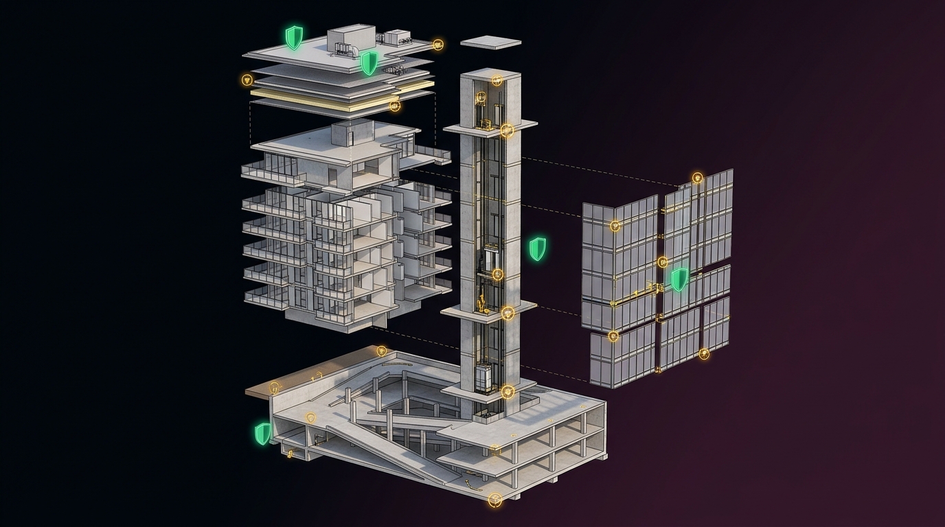 Exploded 3D architectural diagram of strata tower with 30-year lifecycle component layers