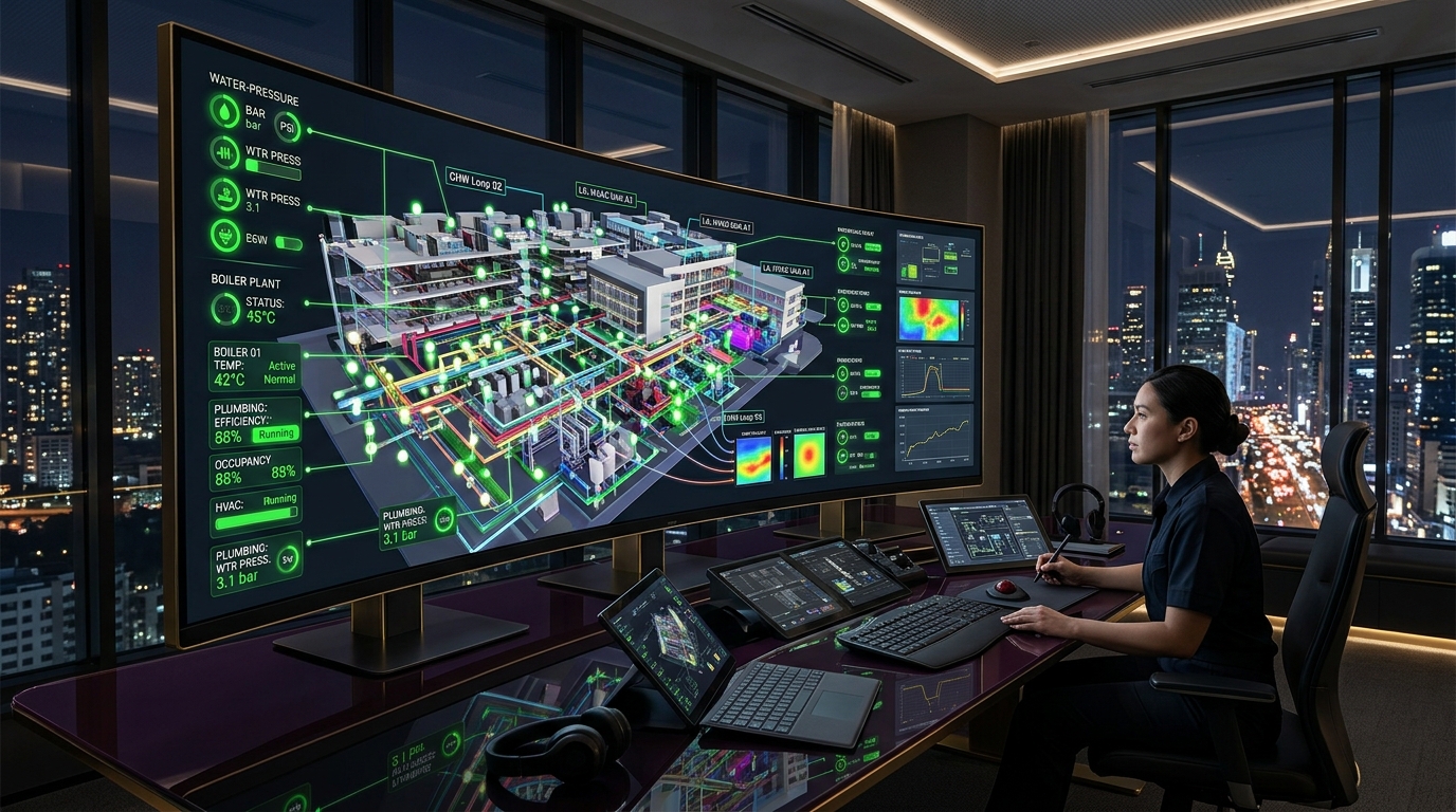 Strata digital twin operations console displaying living 3D Revit model with bidirectional telemetry