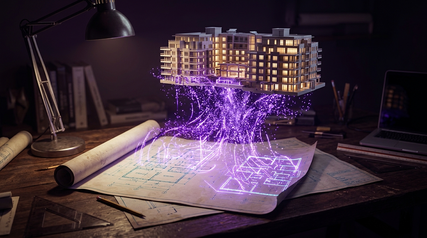 Vintage 1980s blueprint on drafting desk dissolving upward into glowing 3D Revit model