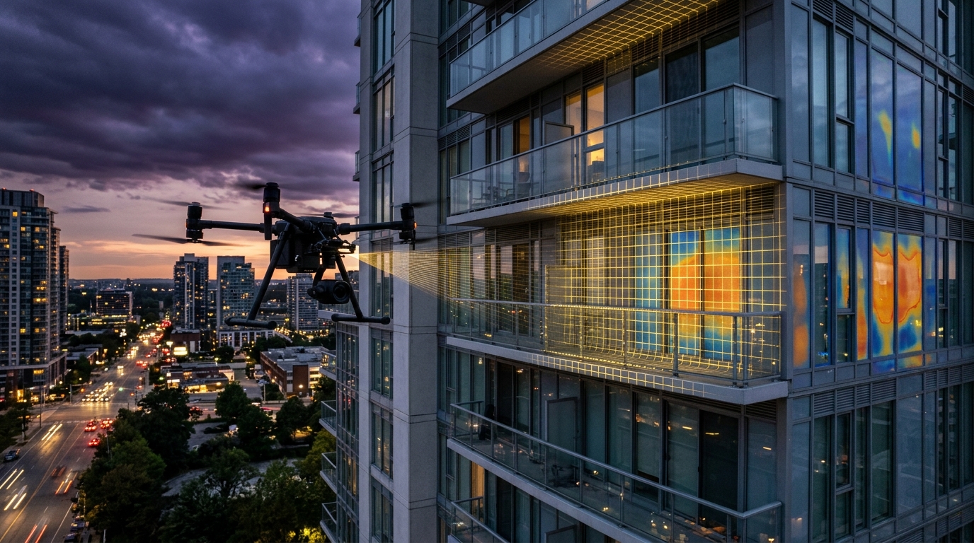 Industrial inspection drone scanning high-rise building envelope and glass curtainwall at dusk