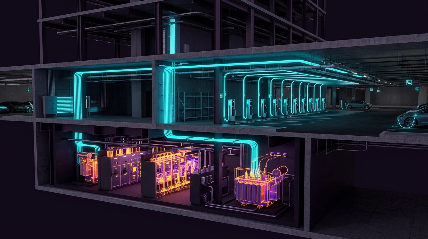 3D BIM model of building electrical room with glowing cyan conduits routing to EV parkade charging stations