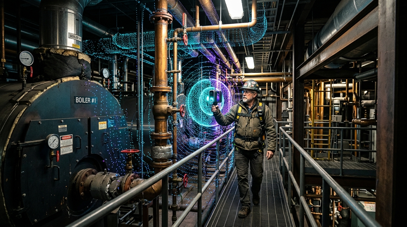 Mobile SLAM LiDAR scanning through complex mechanical boiler room piping and pump risers