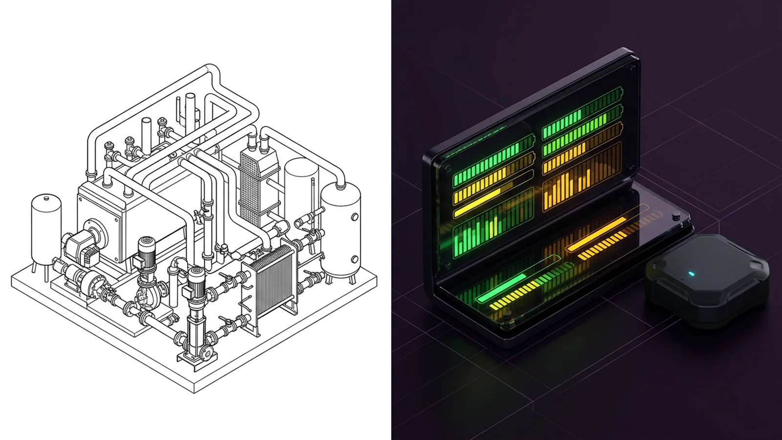 Split architectural visualization of a 3D BIM condensing boiler connected by optical telemetry lines to a structured fiduciary scorecard