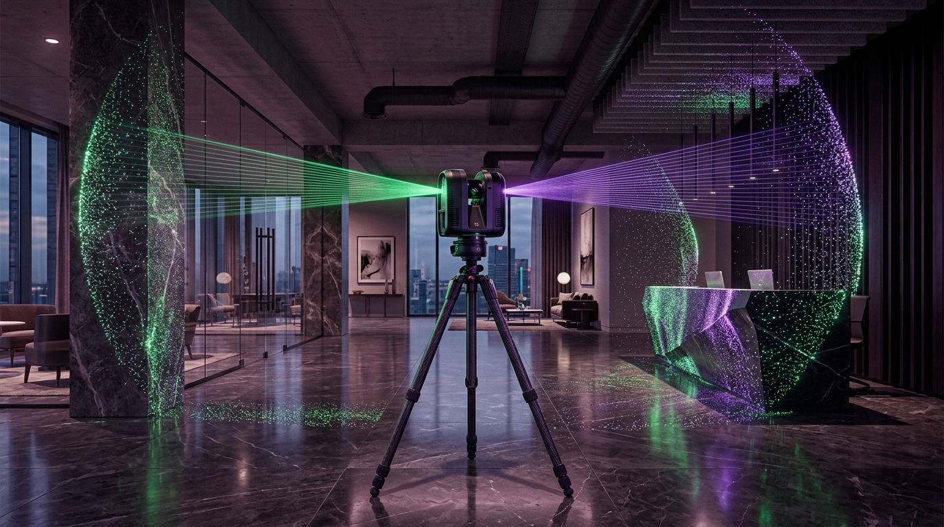 Terrestrial laser scanner on carbon tripod emitting millimeter LiDAR laser fan across strata lobby